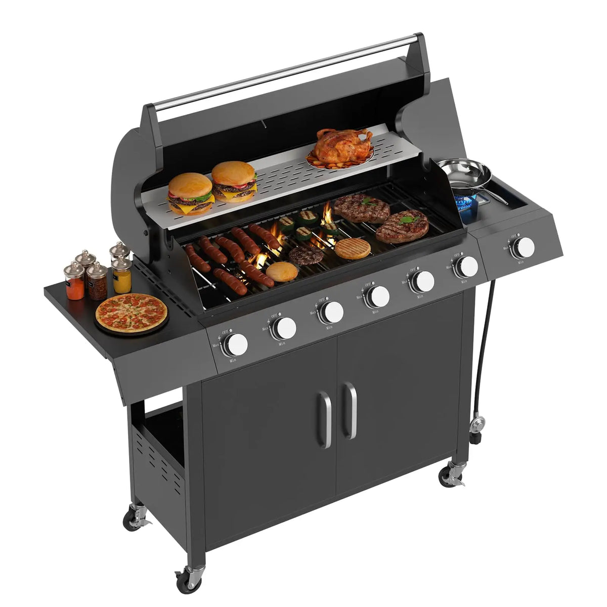 Outdoor Gas Grill with Side Burner, Warming Rack, Storage Cabinet