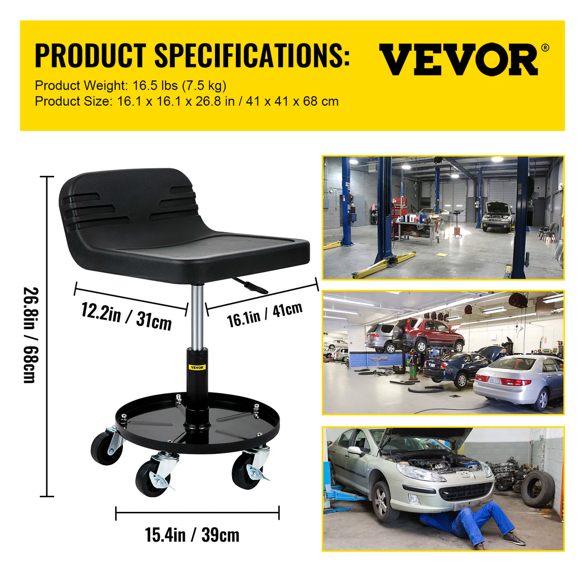 SucceBuy Adjustable Rolling Garage Stool With Tool Tray And Casters