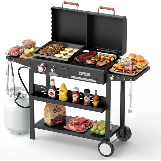 Dual Fuel Gas And Charcoal Grill With Flat Top Griddle