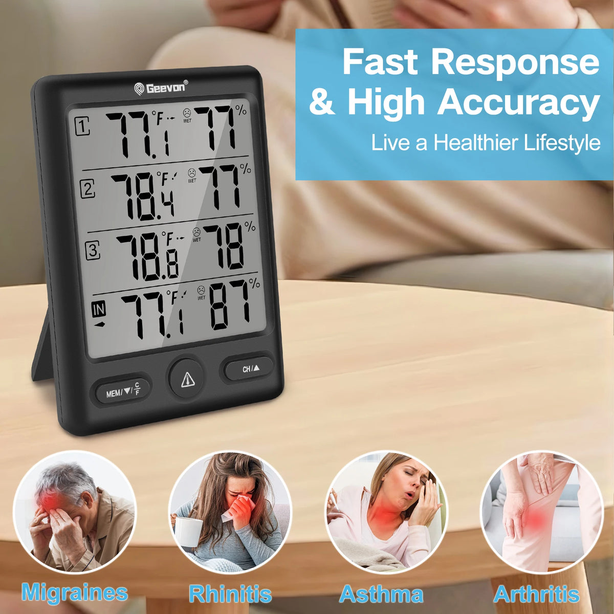 Geevon Wireless Indoor Outdoor Thermometer With 3 Remote Sensors Hygrometer