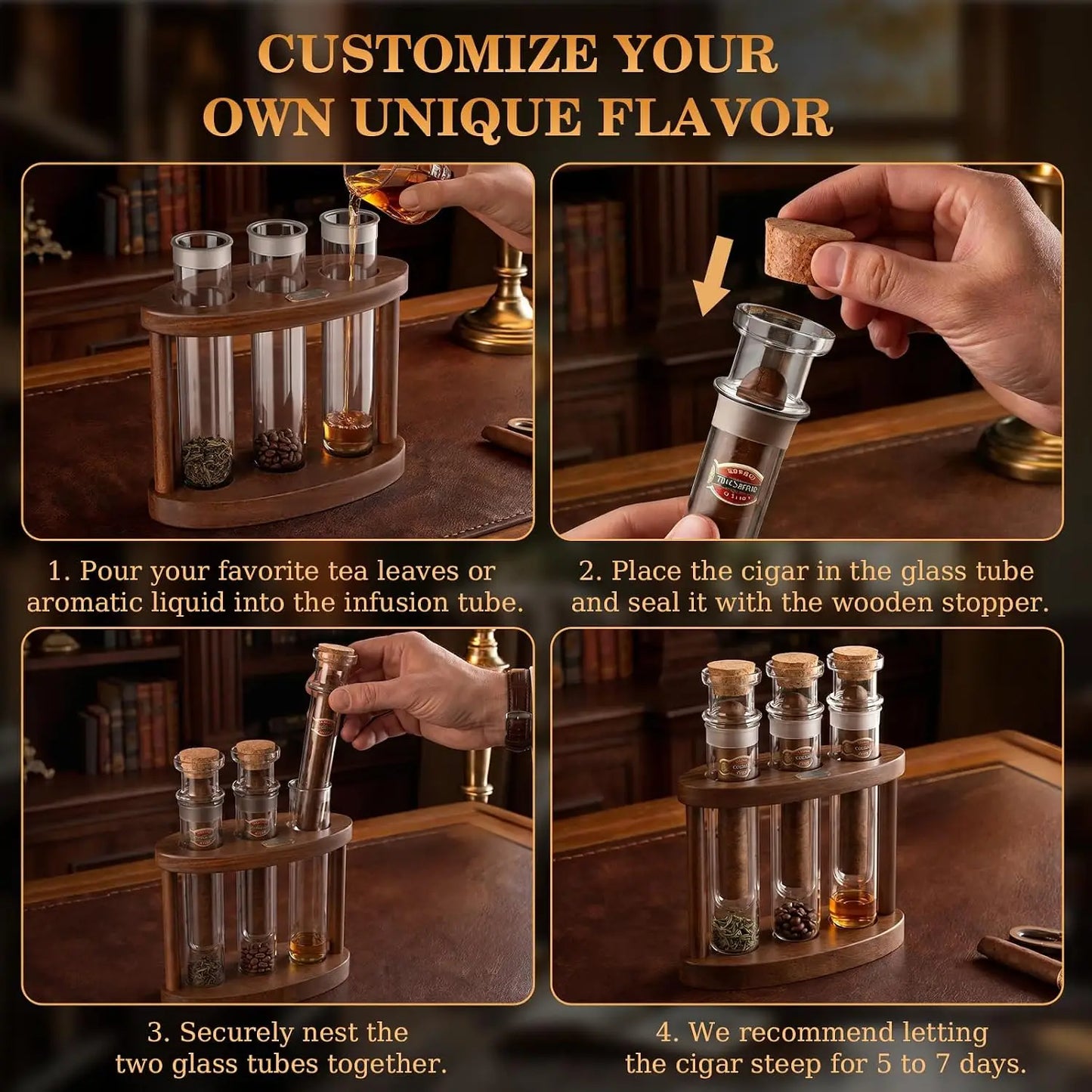 Semkont Cigar Humidor Flavor Glass Tube Kit With Wooden Stand