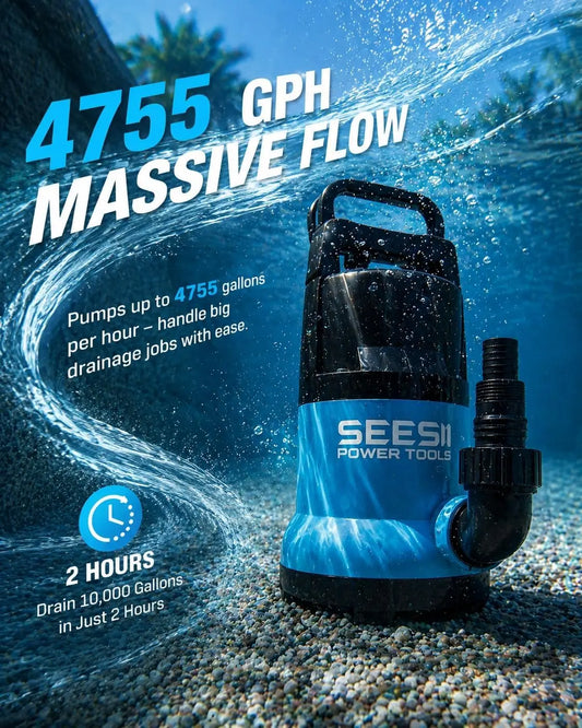 SEESII 1HP Submersible Water Pump 4755 GPH High Flow Electric Submersible Water Pump Portable Utility Pump Pool Pond Sump Flood Drainage Clean Water Transfer Pump Garden Water Removal