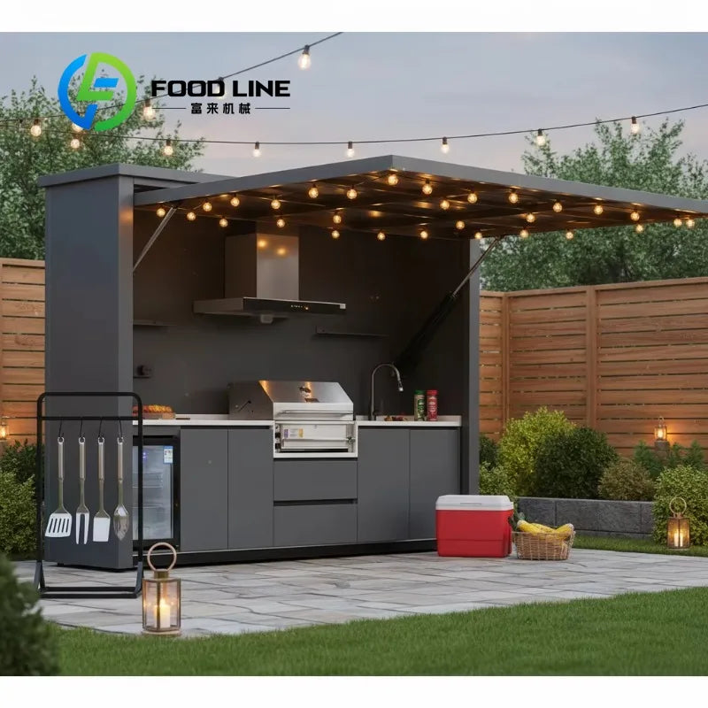 Customized L-Shaped Aluminum Outdoor BBQ Kitchen Shelter with Roof Bar Counter Patio Charcoal Grill Furniture Set