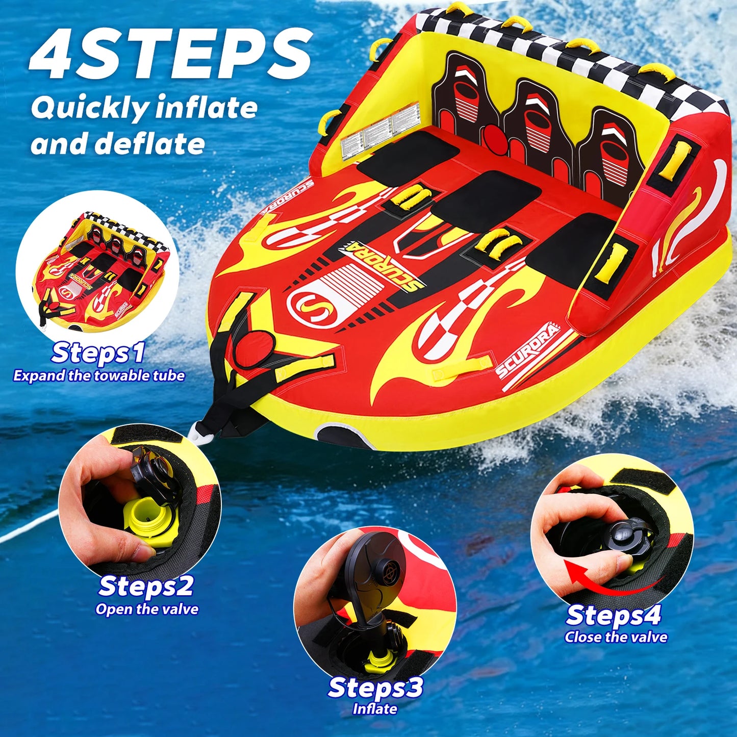 3 Person Towable Tube for Boating, Inflatable Sofa Boat Tube with Front & Back Tow Points, 0.65mm PVC & 840D Nylon Cover, for Lake River Water Sports Fun