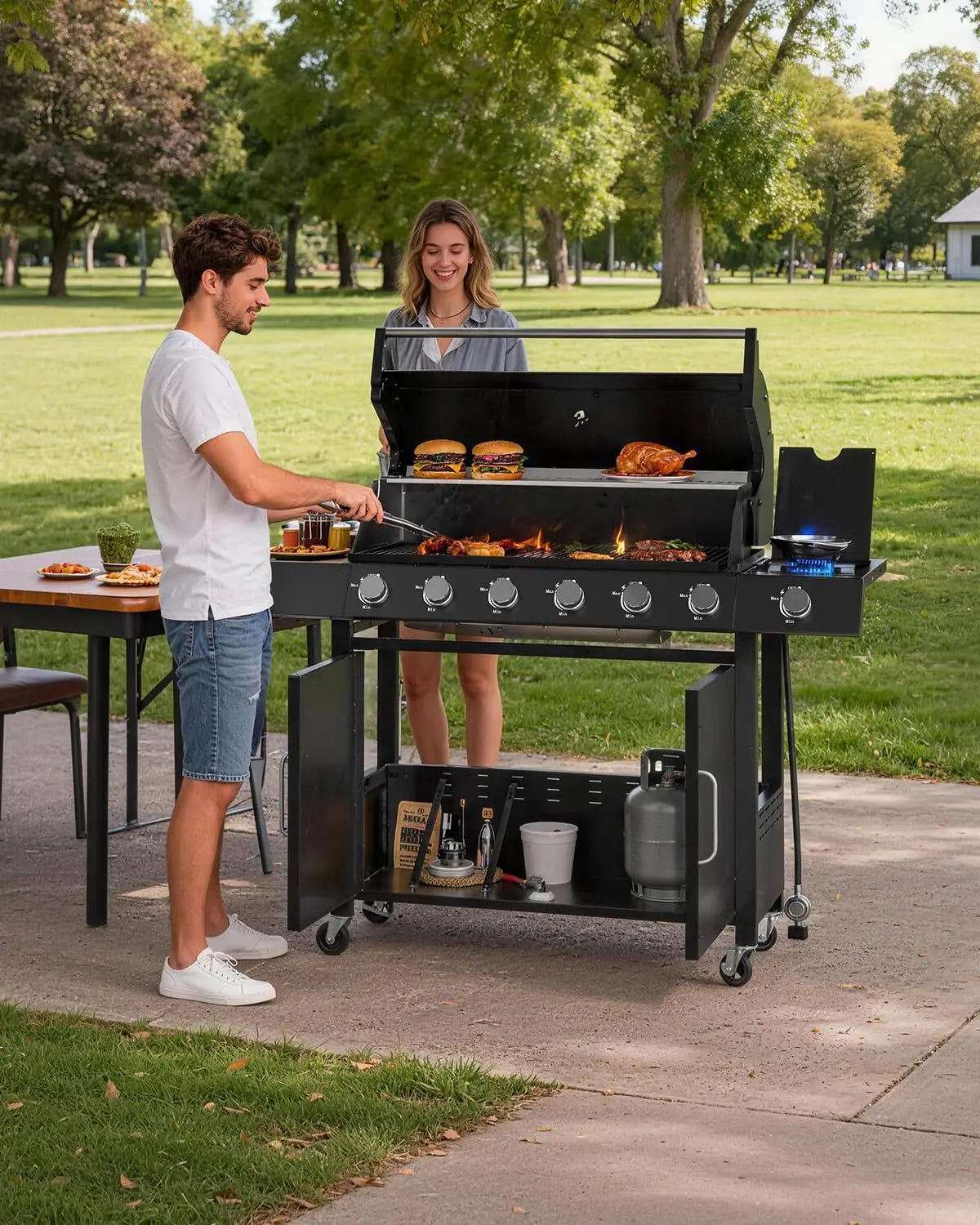 Outdoor Gas Grill with Side Burner, Warming Rack, Storage Cabinet