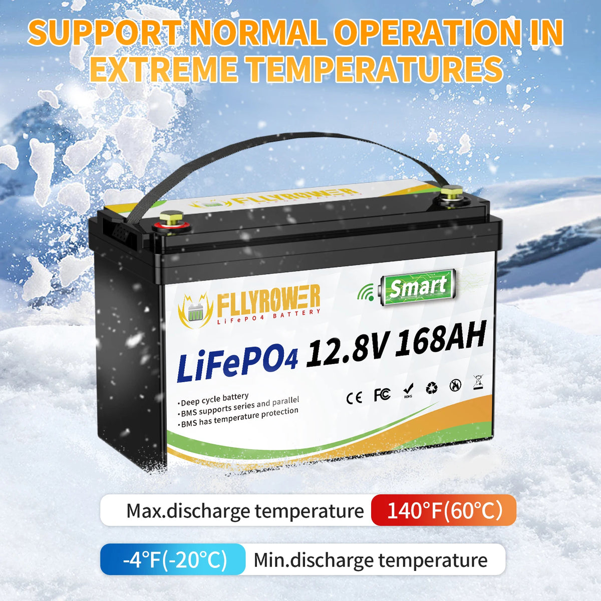 FLLYROWER 12V 168AH LiFePO4 Lithium Battery Pack With Bluetooth BMS 8000+Cycles For Touring Campers Off-Road Solar Wind Battery