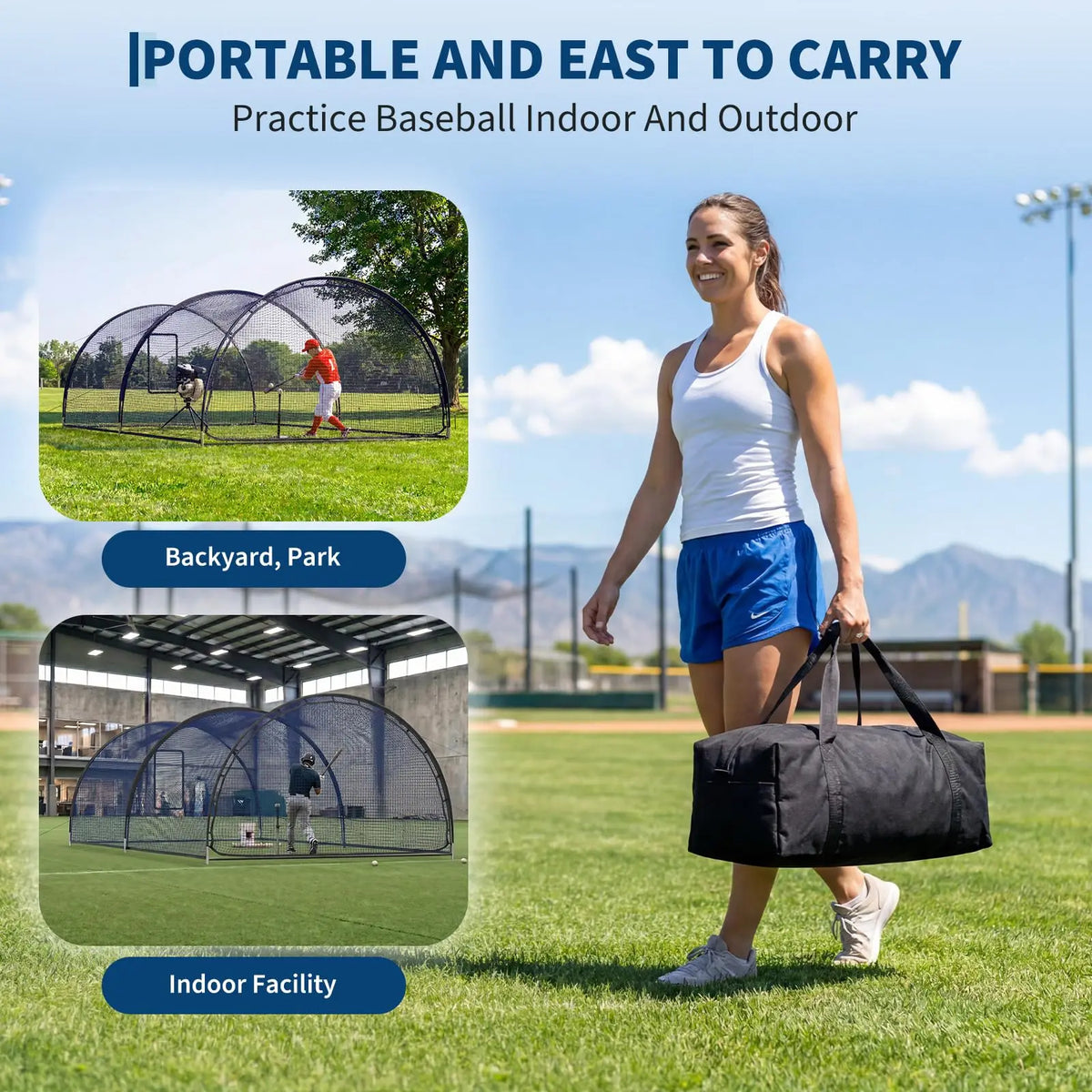 Portable Baseball Batting Cage With Pitching Machine Hole And Detachable Door Pop Up Backyard Batting Cage For Practice