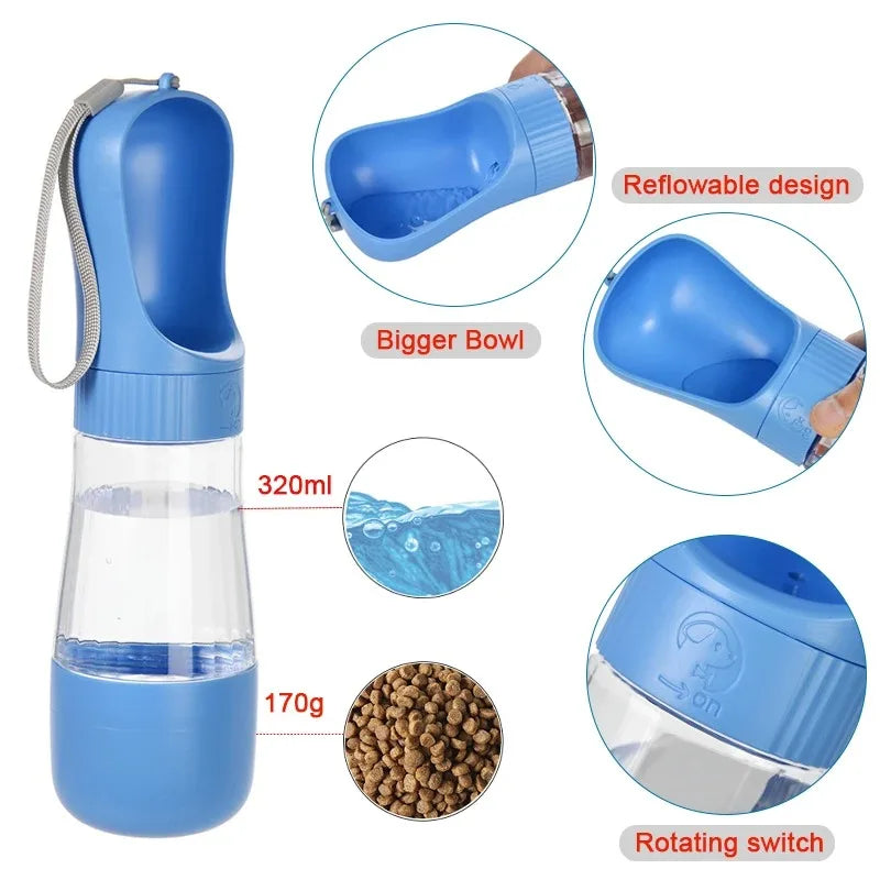 Portable Dog Water Bottle With Integrated Food Container For Pets