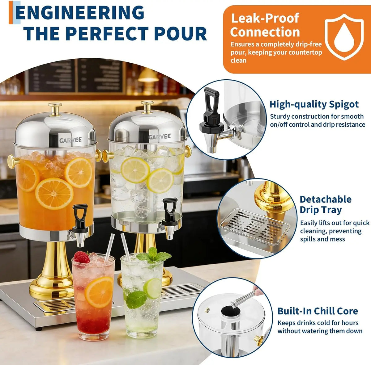 Tacleekii 2.2gal-6.6gal Commercial Drink Dispenser with Ice Core Stainless Steel Beverage Dispenser with Stand, Spigot & Drip Tray for Cold Juice Iced Tea Parties & Weddings