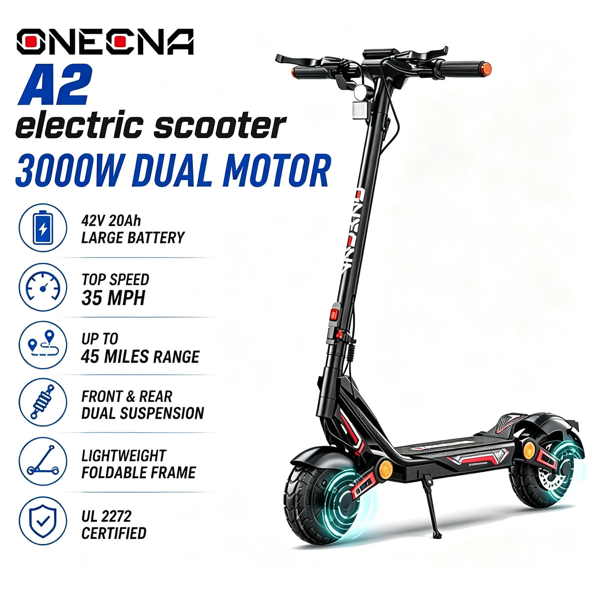 Onecna 3000W Dual Motor Foldable Adult Electric Scooter