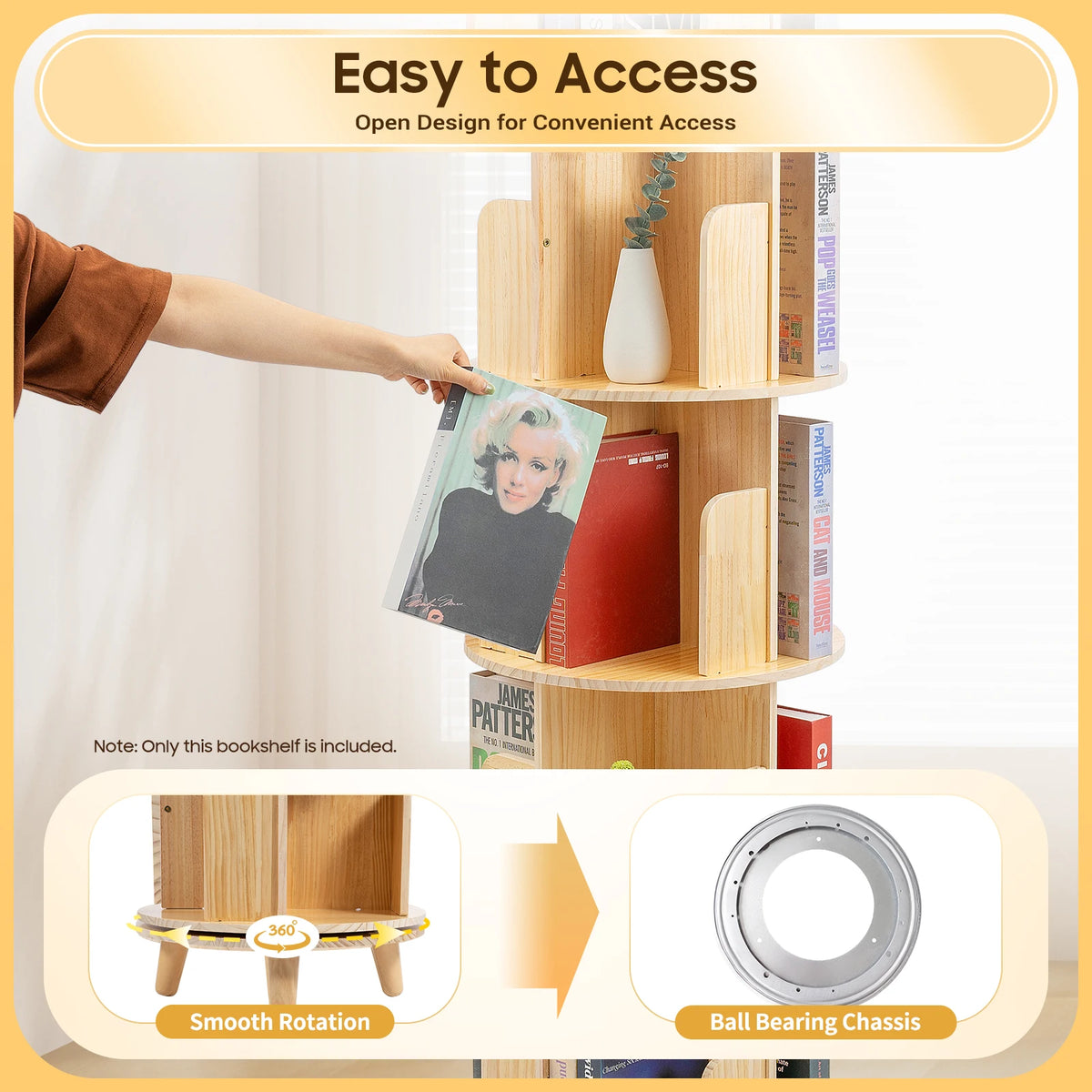 Round Rotating Bookshelf With Wooden Storage Rack For Home