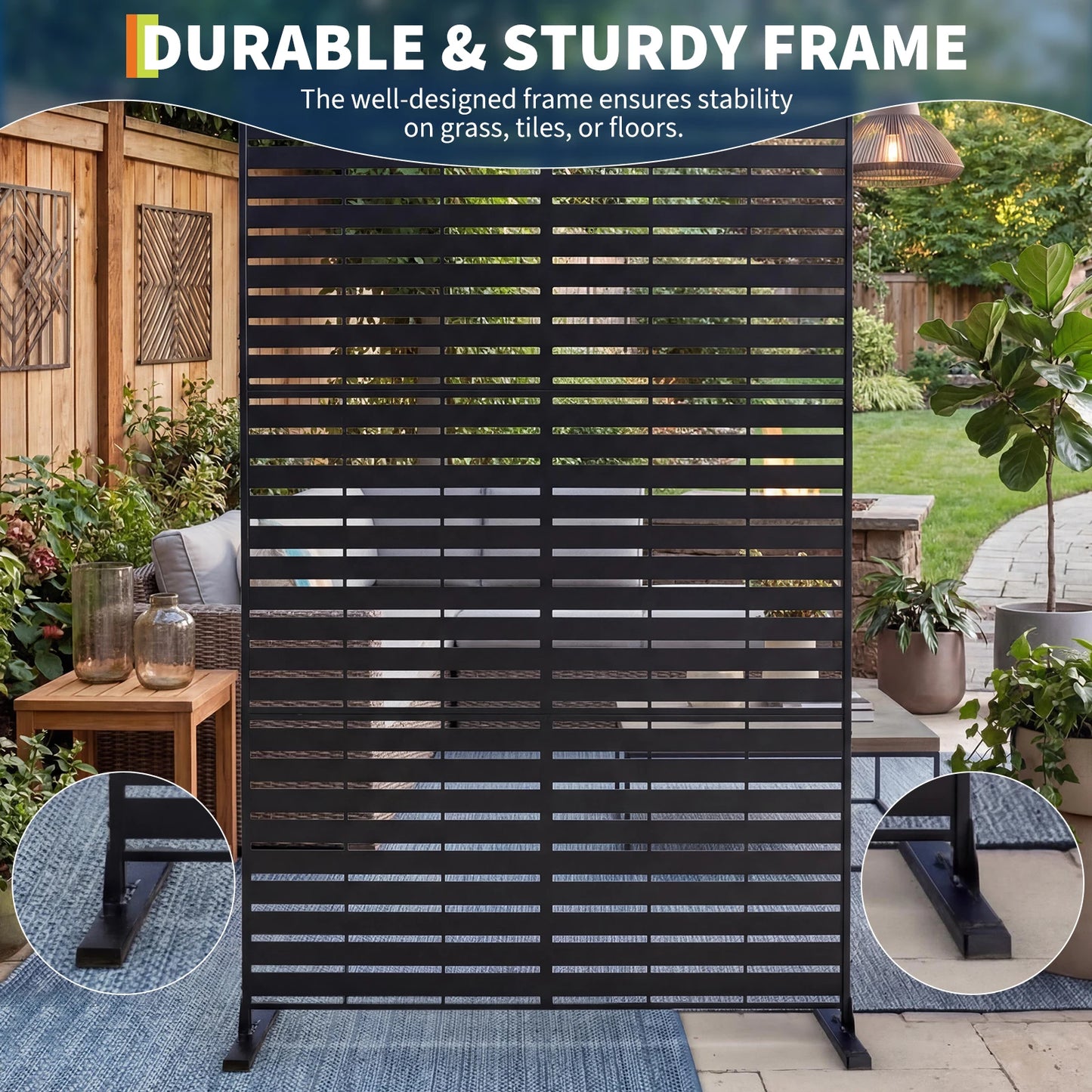 Freestanding Metal Outdoor Privacy Screen Fence - 78" H x 48" W - Rustproof Steel Divider, Modern Laser Cut, Weatherproof, Decorative Panel for Patio, Garden, Balcony, Pool, Room, Hot Tub