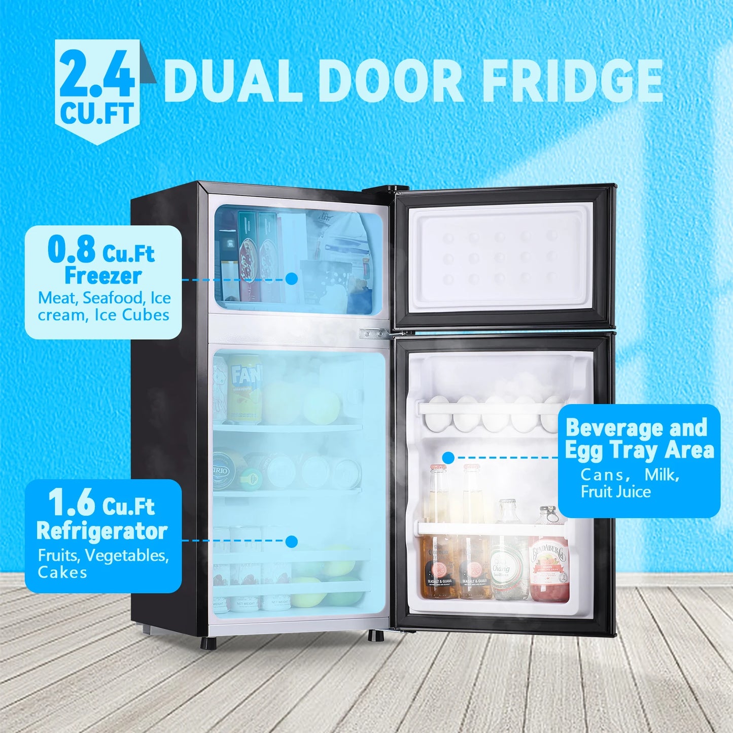 Wanai Compact Two Door Top Freezer Mini Refrigerator
