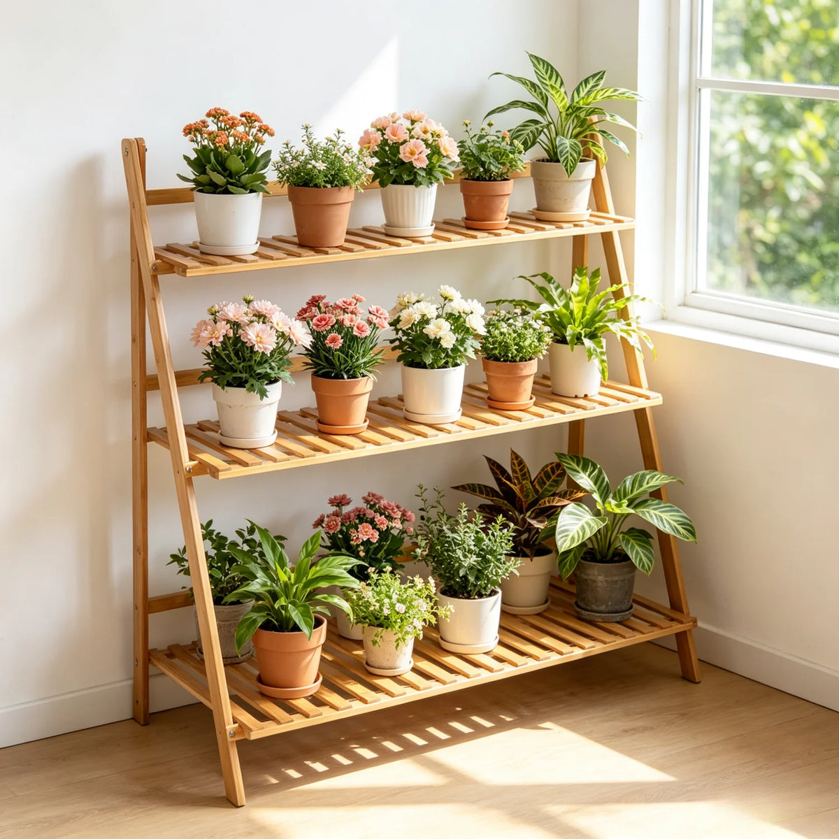 70/100cm Bamboo Plant Stand Folding 3 Tier Flower Pot Display Shelf Indoor Outdoor Ladder Garden Rack for Patio Balcony Living Room