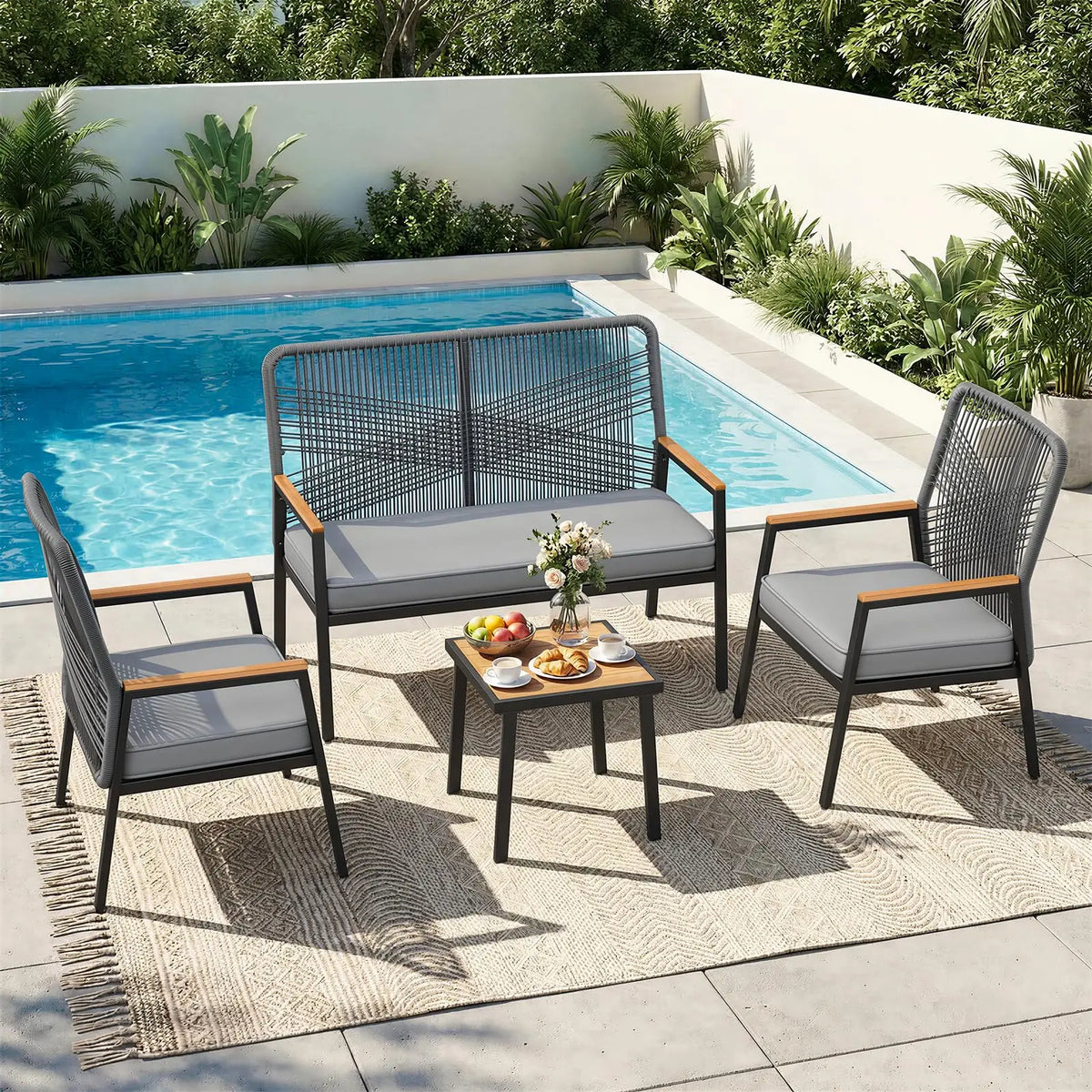 Rattan Patio Loveseat for 2 with Cushion,Patio Loveseat with Curved Back and WPC Armrest,Two-Person Seating for Porch,Balcony,Terrace