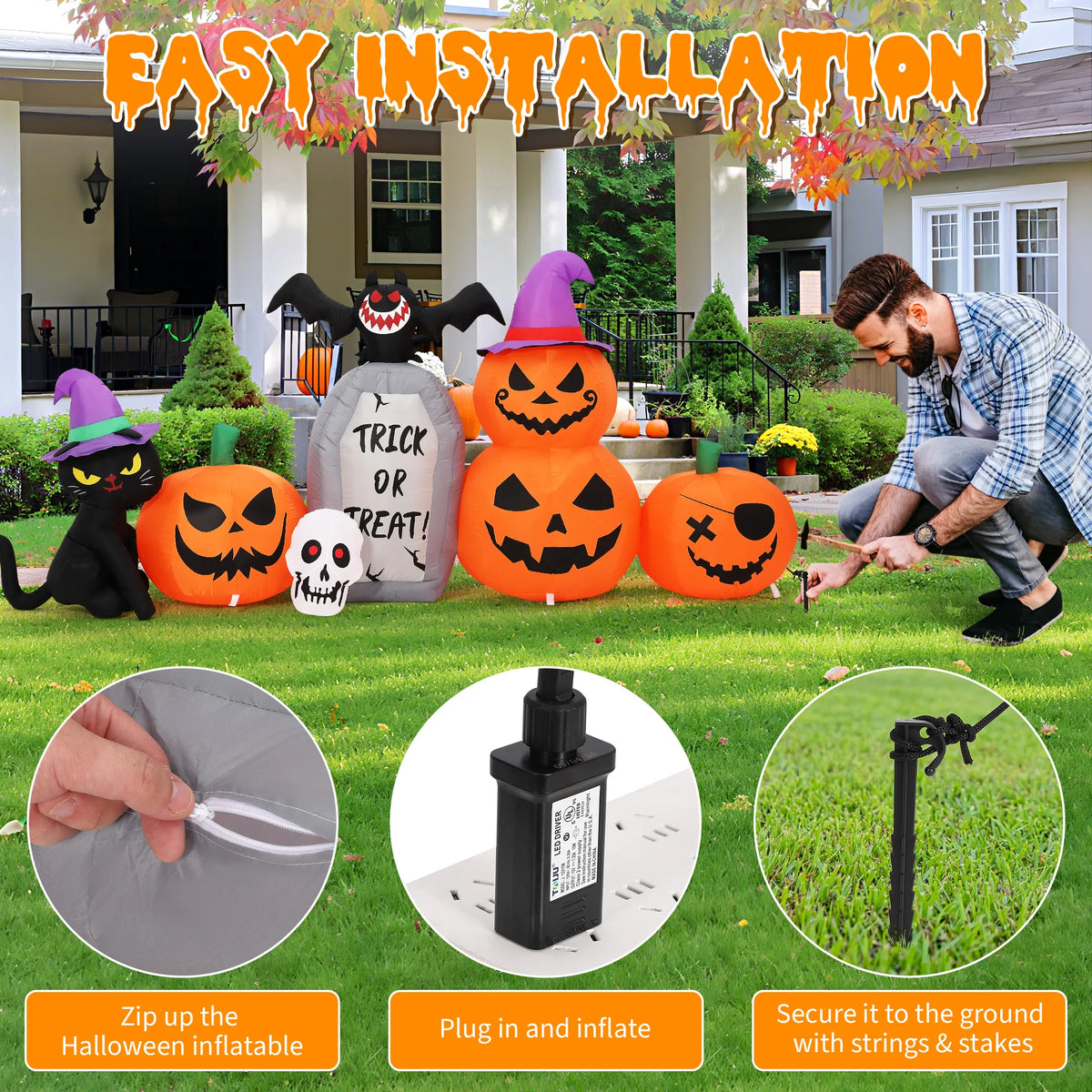 HiMISS Halloween Black Cat Pumpkin Tombstone Inflatable LED Yard Decor