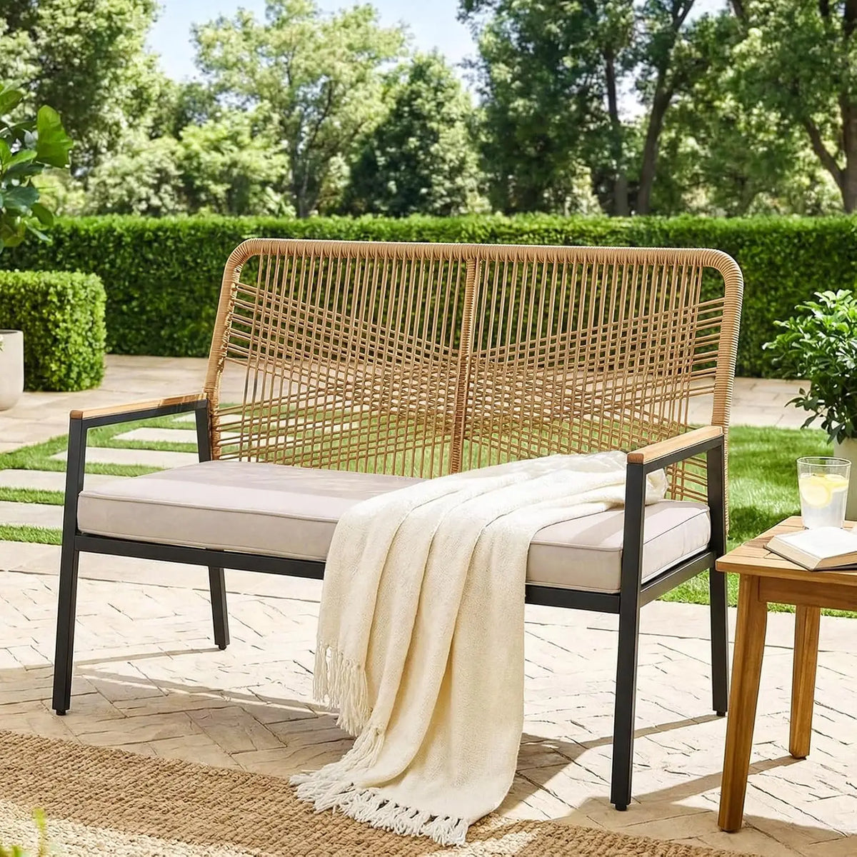 Rattan Patio Loveseat for 2 with Cushion,Patio Loveseat with Curved Back and WPC Armrest,Two-Person Seating for Porch,Balcony,Terrace