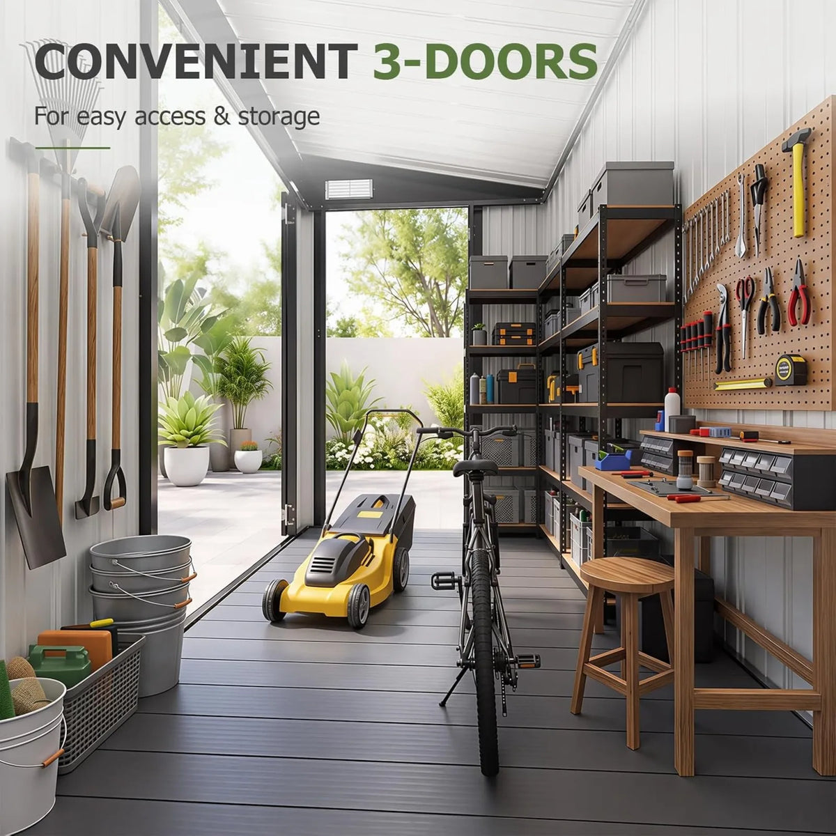 Waterproof Metal Outdoor Storage Shed With Three Lockable Doors