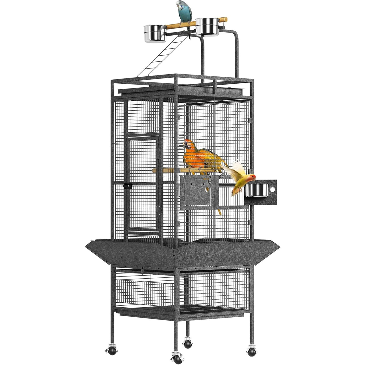 HiMISS Rolling Flight Bird Cage With Play Top Wooden Perches