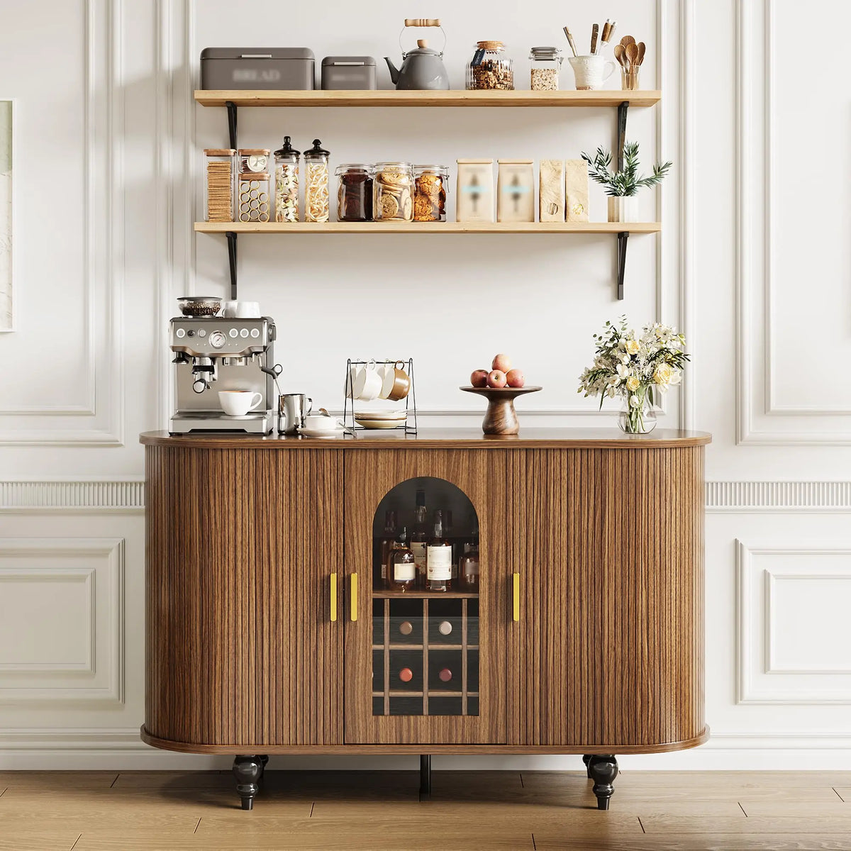HiMISS Modern Bar Cabinet With Glass Doors And Wine Storage