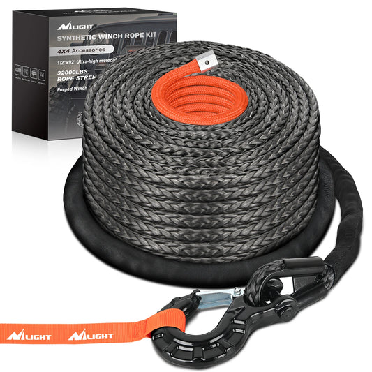 Nilight 1/2" x 92' Synthetic Winch Rope 32,000 lbs Winch Line Cable Ropes Kit with Protective Sleeve 35000lb Heavy Duty Winch Hook for SUV 4WD Off Road Vehicle Truck ATV UTV, Black & Orange