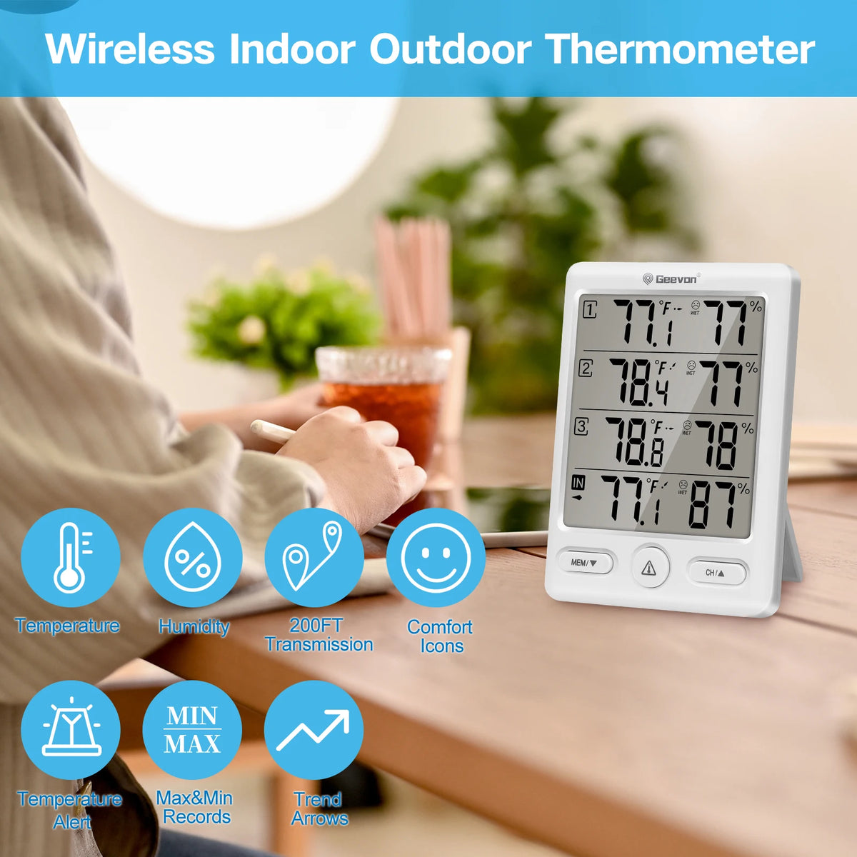 Geevon Wireless Indoor Outdoor Thermometer With 3 Remote Sensors Hygrometer
