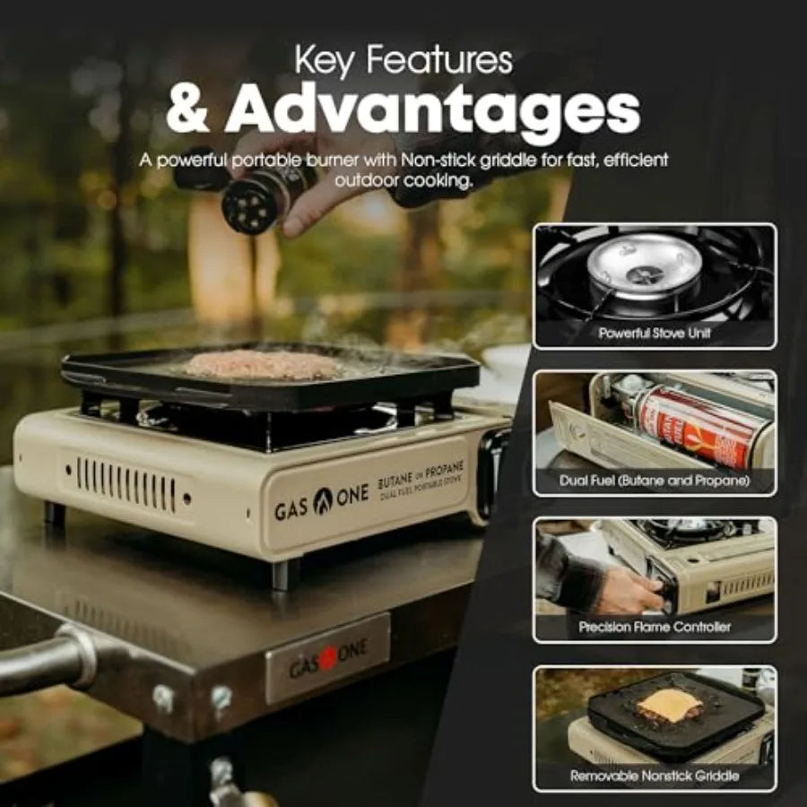 GasOne GS-3400P-KIT Propane or Butane Gas Flat Top Griddle Included Dual Propane Grill Tent Burners for Cooking for Camping, Ki