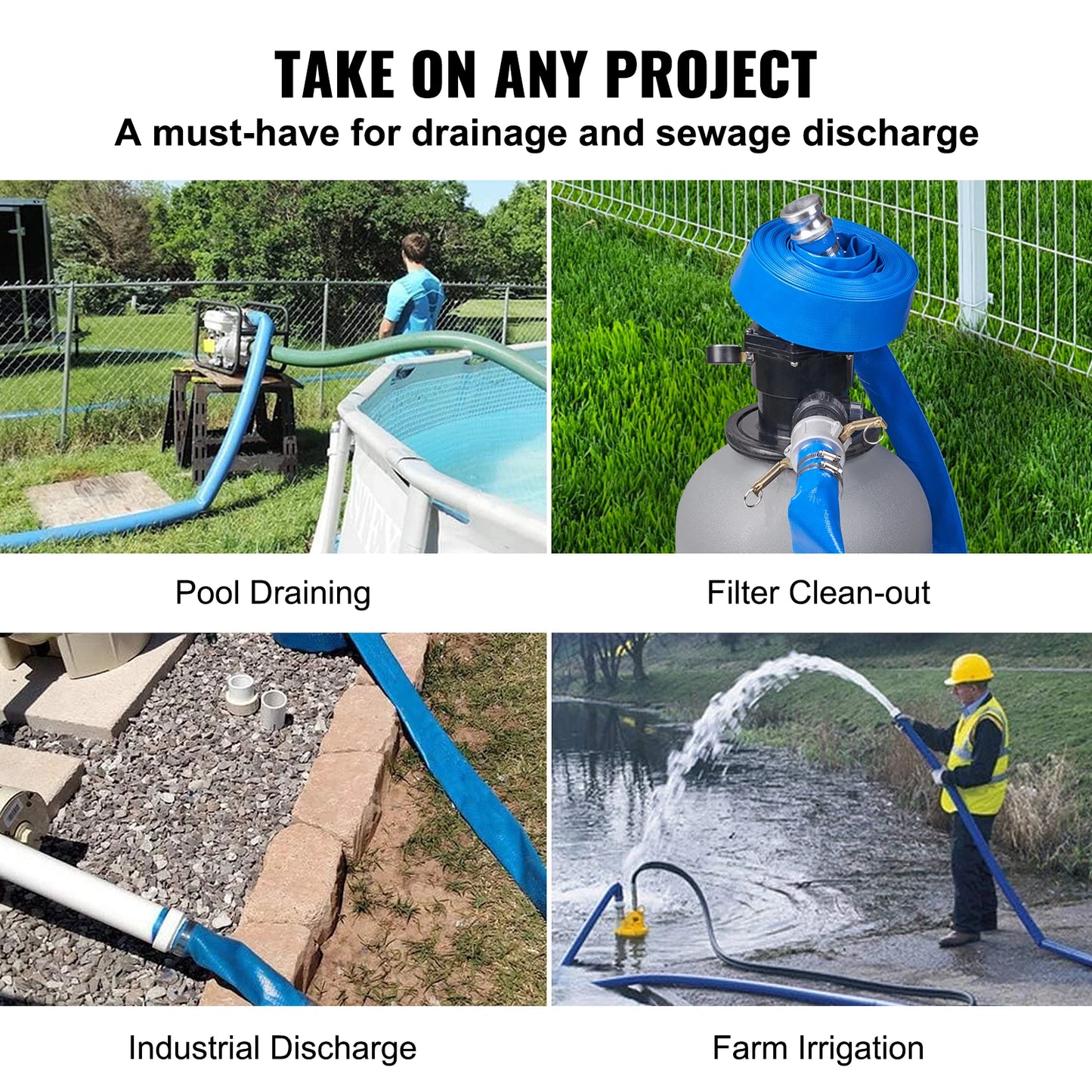 SucceBuy Pool Drain Hose 2 in by 50 ft Durable PVC Material, Aluminum Camlock C & E Connectors and Clamps for Pool Water Removal