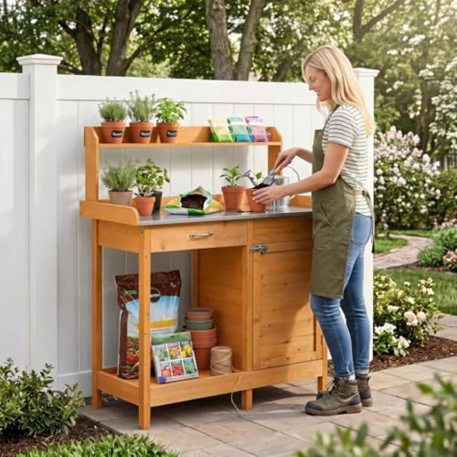 Potting Bench Table with Storage Cabinet Drawer Yellow Plant Workstation with Shelves 3 Hooks, Solid Fir Wood for Indoor Outdoo