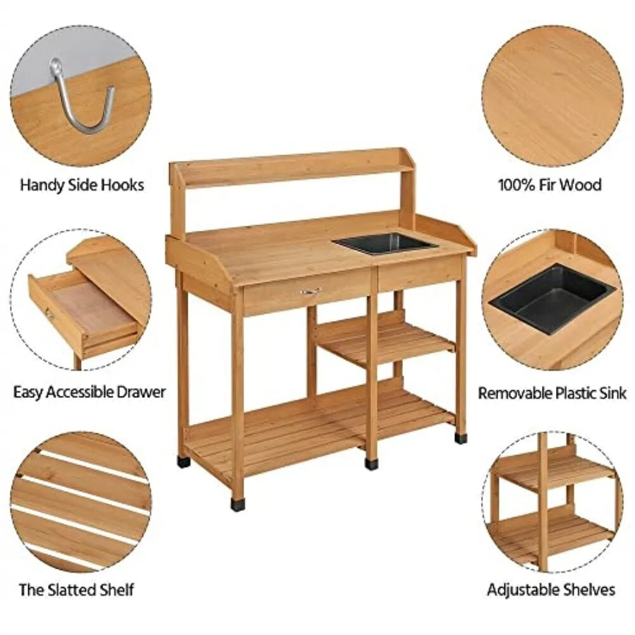 Outdoor Garden Potting Bench Table With Sink And Drawer For Patio, Balcony, Or Deck Use; Solid Wood Construction; Color B; Dura