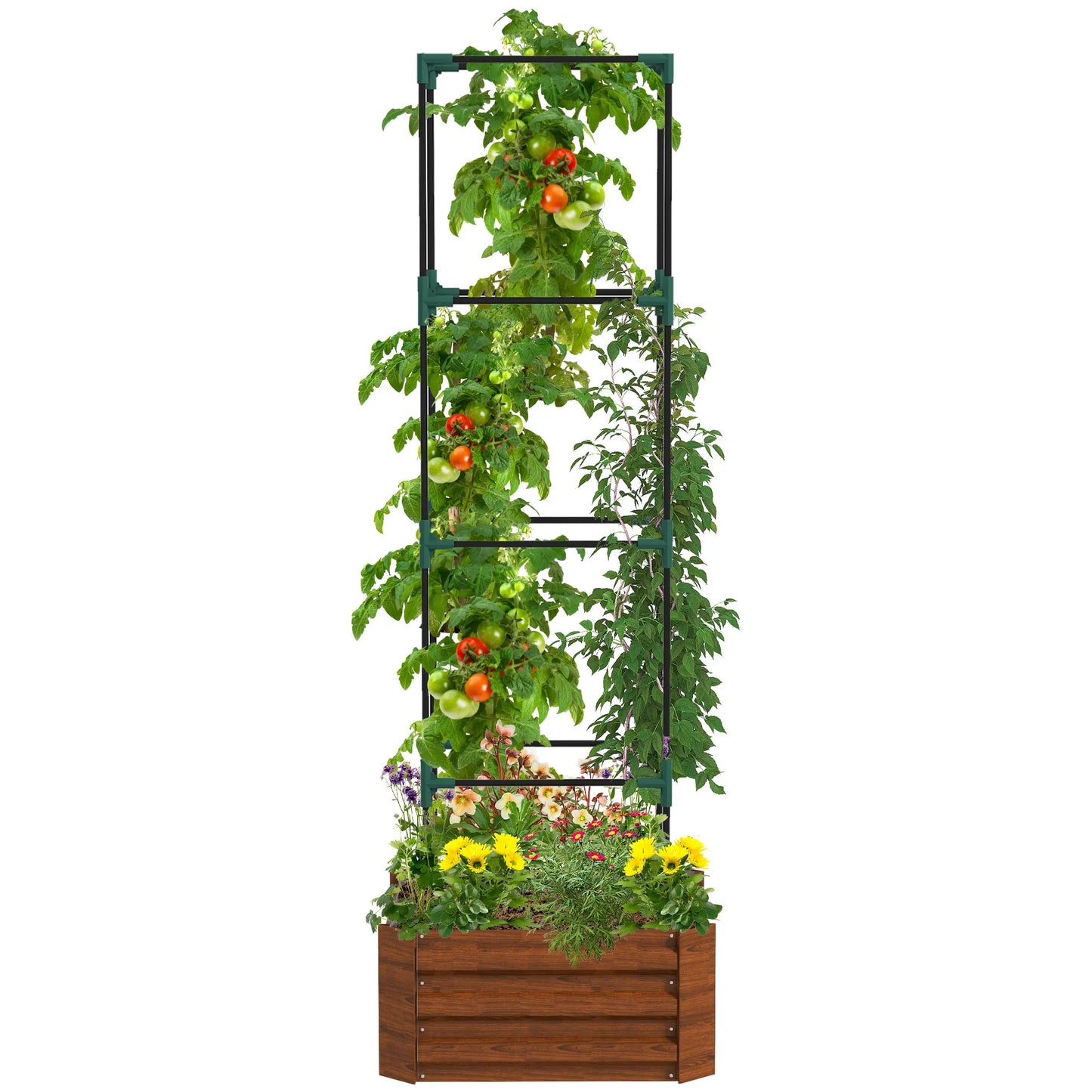 Galvanised Raised Garden Bed with Tomato Cage, Open Bottom, Brown