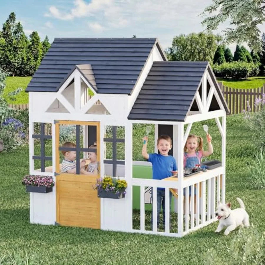 MDNG Outdoor Wooden Kids Playhouse Kitchen Blackboard Magnetic Door