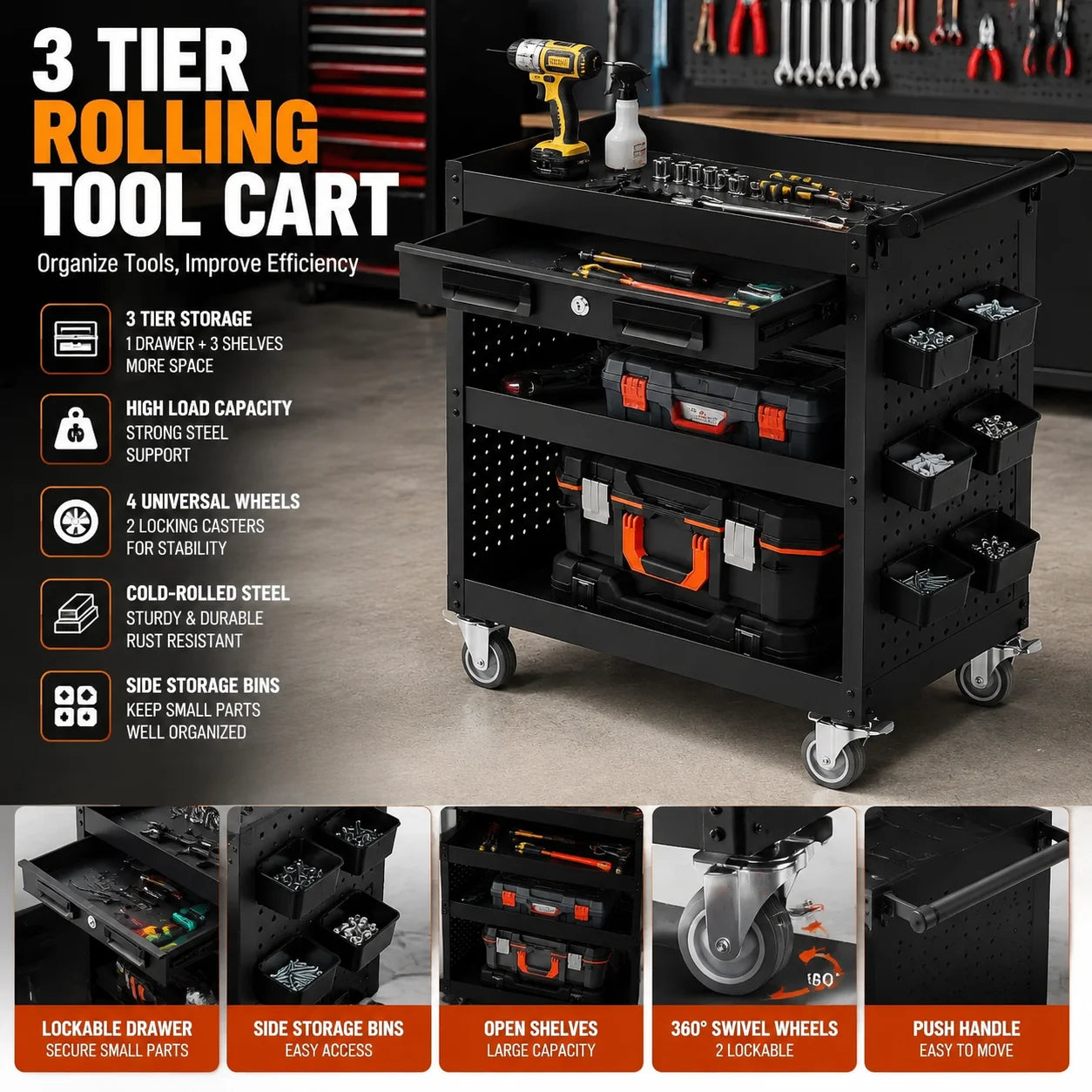 Three Tier Steel Rolling Tool Cart With Locking Casters