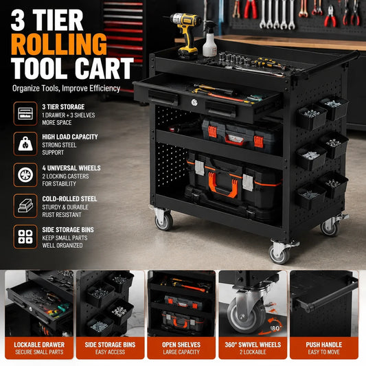Three Tier Steel Rolling Tool Cart With Locking Casters