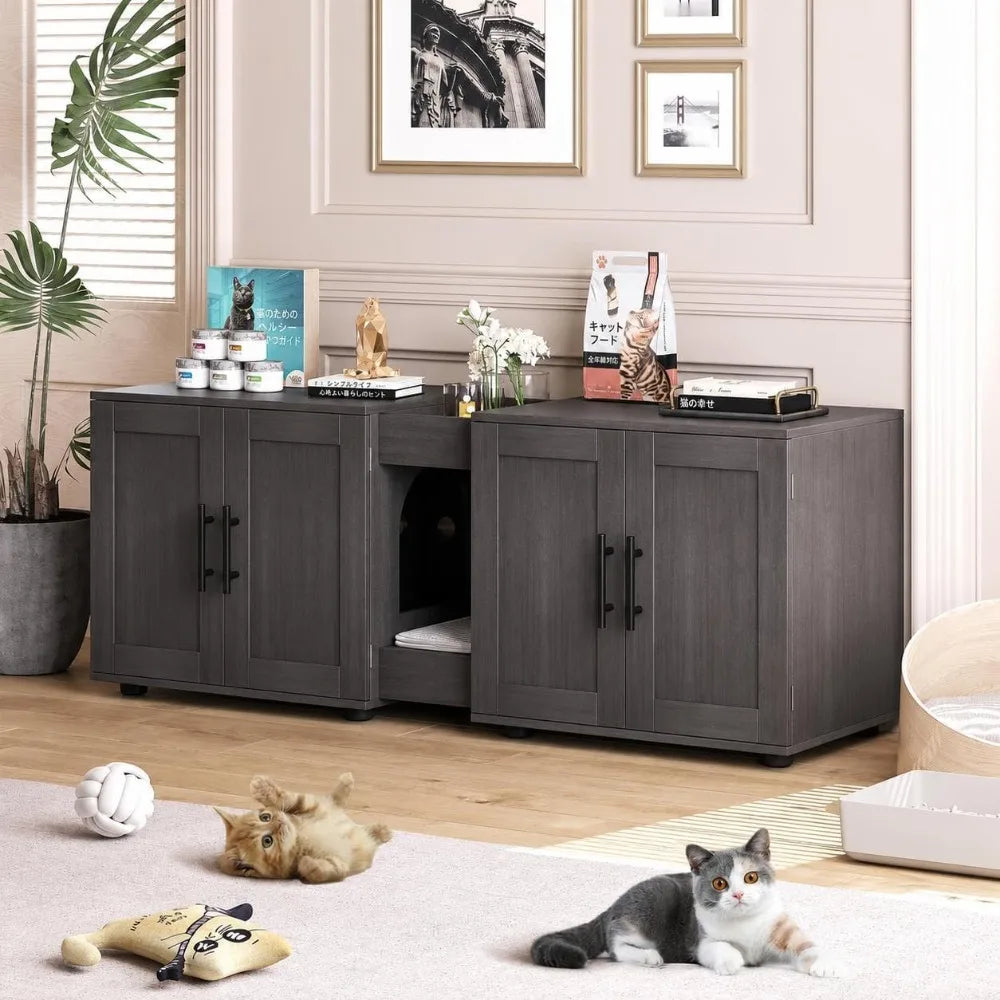 Garvee Hidden Litter Box Enclosure Wooden Double Room Cat Furniture