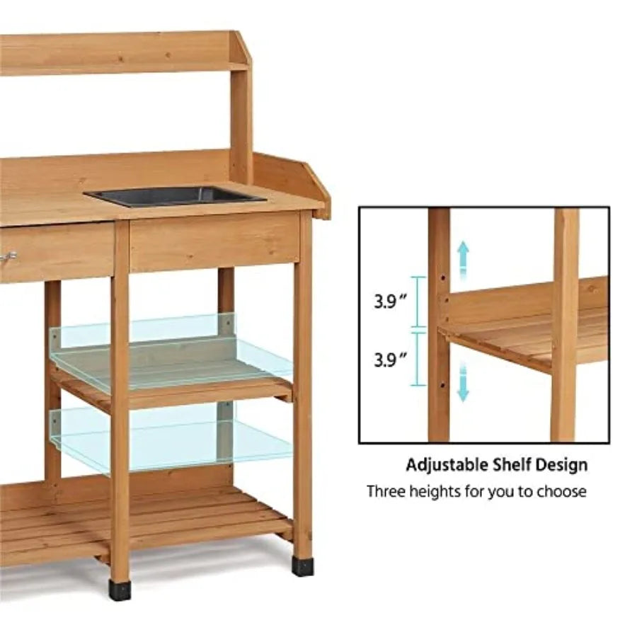 Outdoor Garden Potting Bench Table With Sink And Drawer For Patio, Balcony, Or Deck Use; Solid Wood Construction; Color B; Dura
