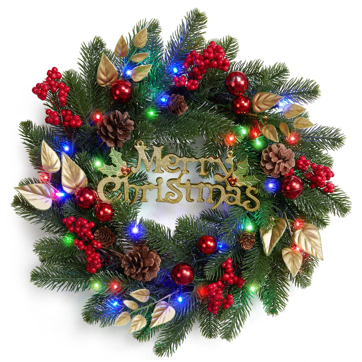Battery Operated Christmas Wreath With LED Lights And Pine Cones