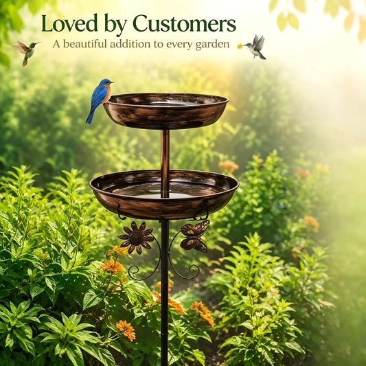 46in Dual-Layer Vintage Bird Bath And Feeder Set | Outdoor Rust-Resistant Five-Prong Ground Stakes Hummingbird Feeder Easy Cleaning Design Backyard Decor Classic Courtyard Accessories