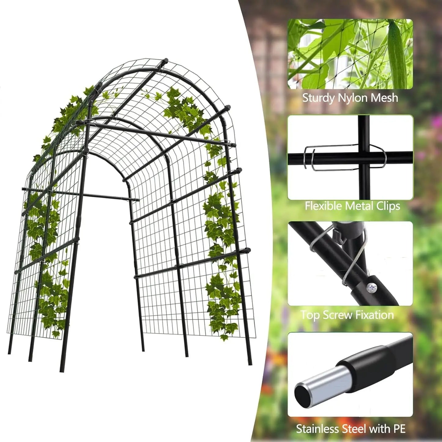 Tacleekii 7.5FT Tall Metal Garden Arch Trellis U-Shape for Raised Beds Plant Support Rust Resistant Coating, Tool Free Plug In, Lifts Fruit Off Ground, For Cucumber Grapes Roses Cucumber, Backyard Archway