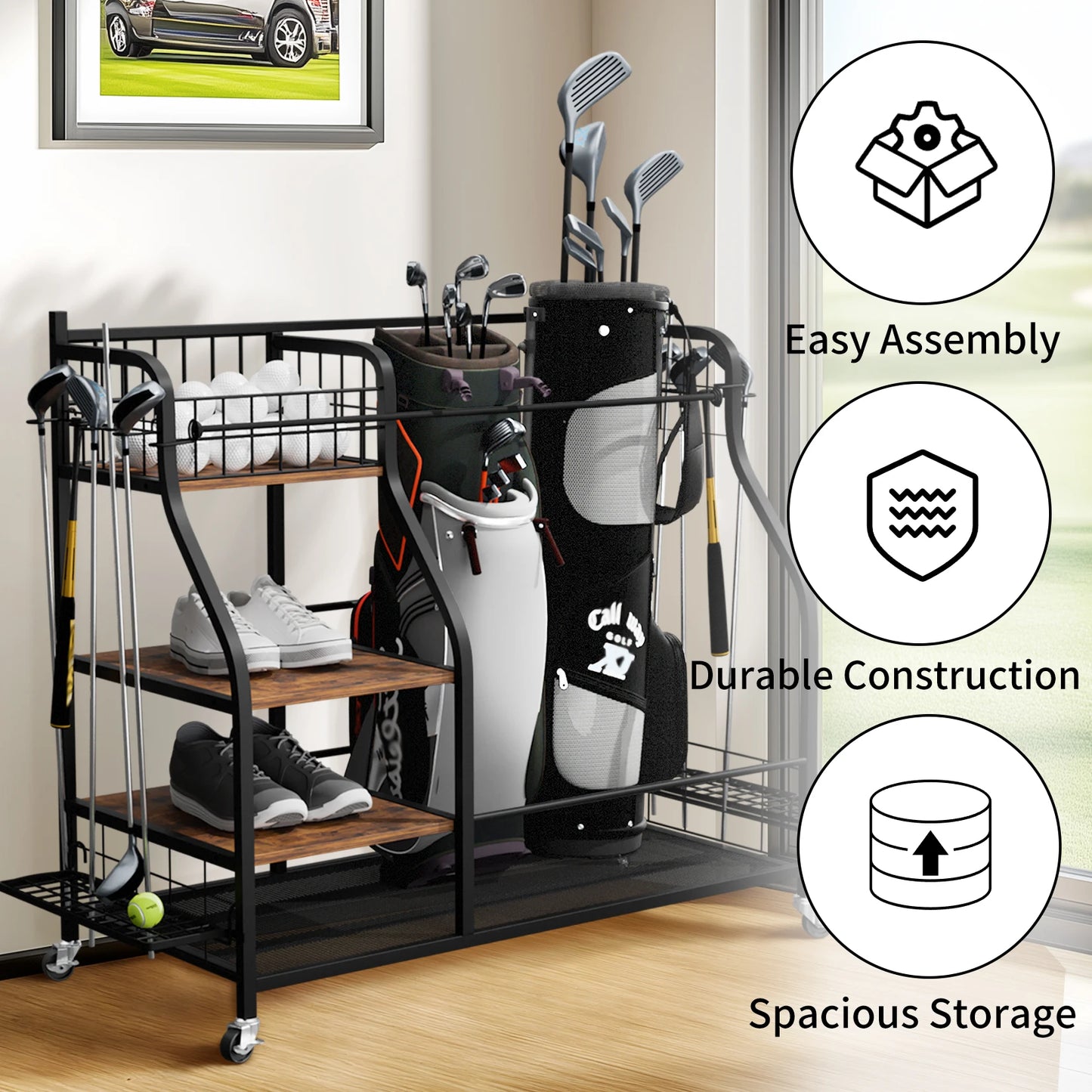 Metal Rolling Golf Bag Storage Shelf Rack With Wheels