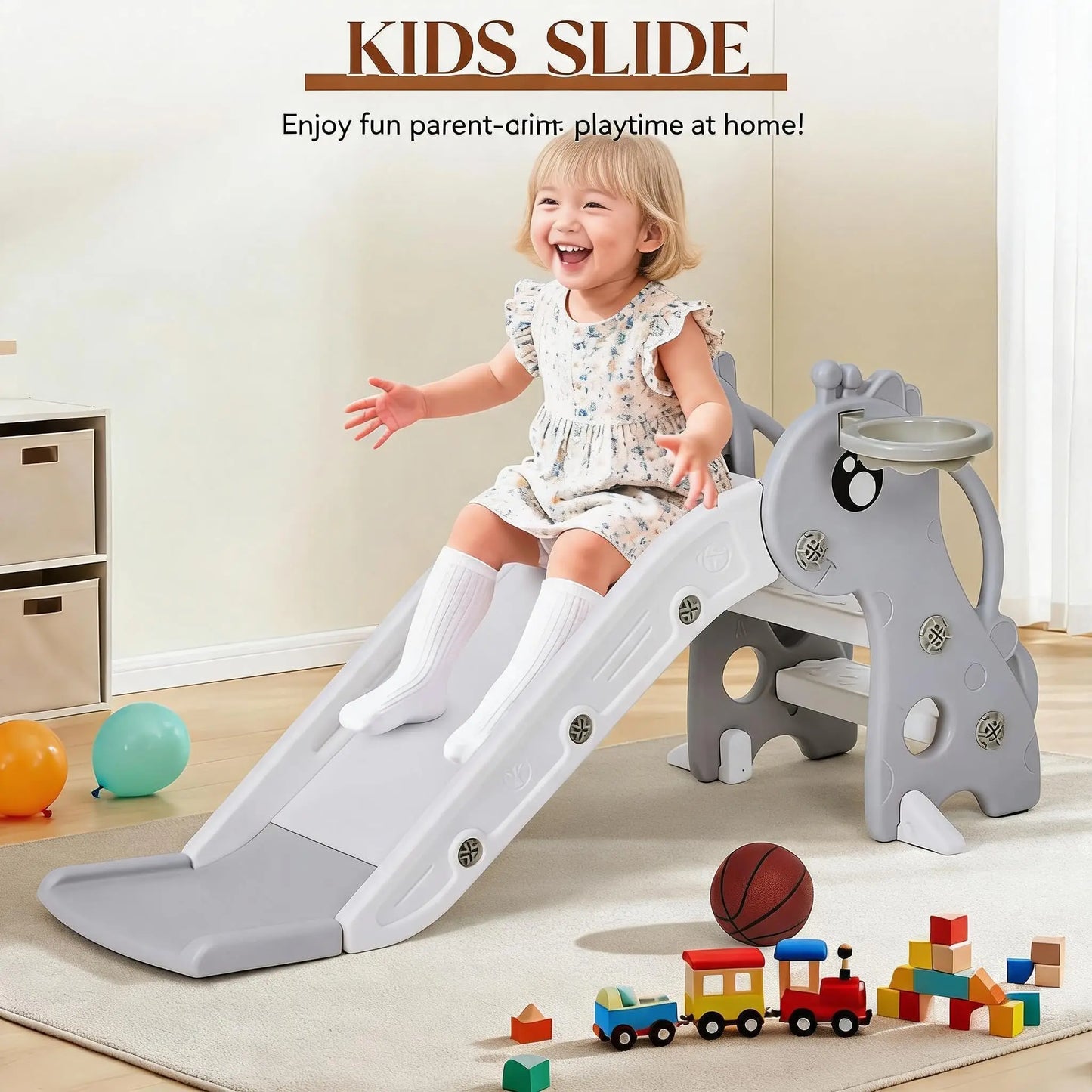 Indoor Toddler Slide With Basketball Hoop Deer Design Folding Playset
