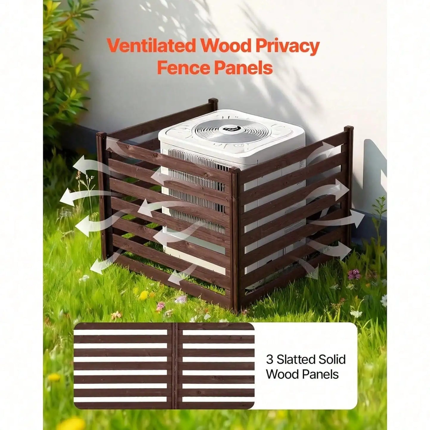 Wooden Privacy Fence, 48 X 37 Inch Air Conditioner Fence, 3 Panel Solid Outdoor Wood Privacy Screen With Metal Stakes, Steel Fra