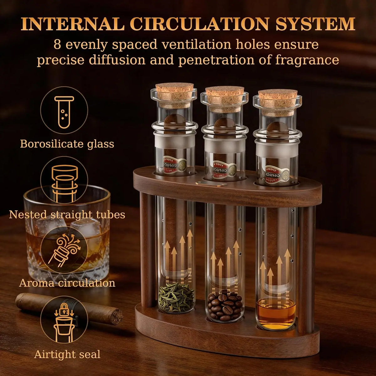 Semkont Cigar Humidor Flavor Glass Tube Kit With Wooden Stand