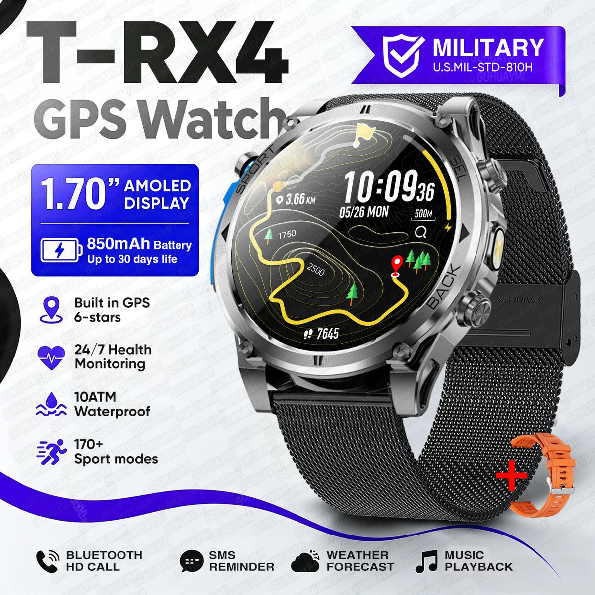 T-RX4 Rugged Outdoor GPS Smartwatch with Compass Altimeter and Barometer