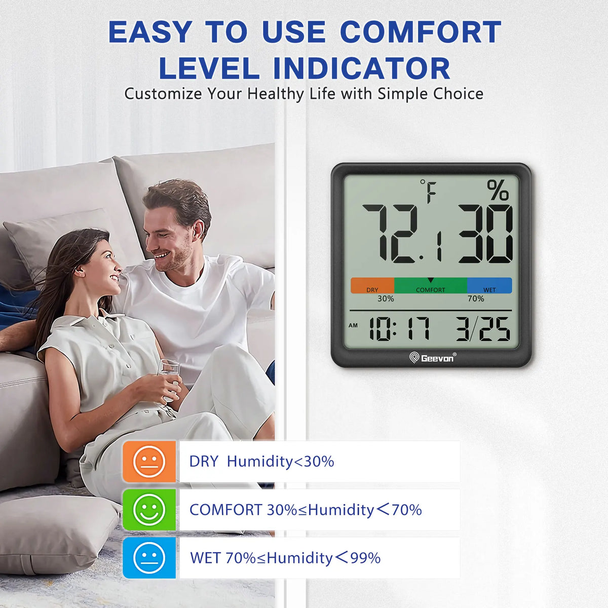 Geevon Digital Thermometer and Hygrometer with Clock and Date