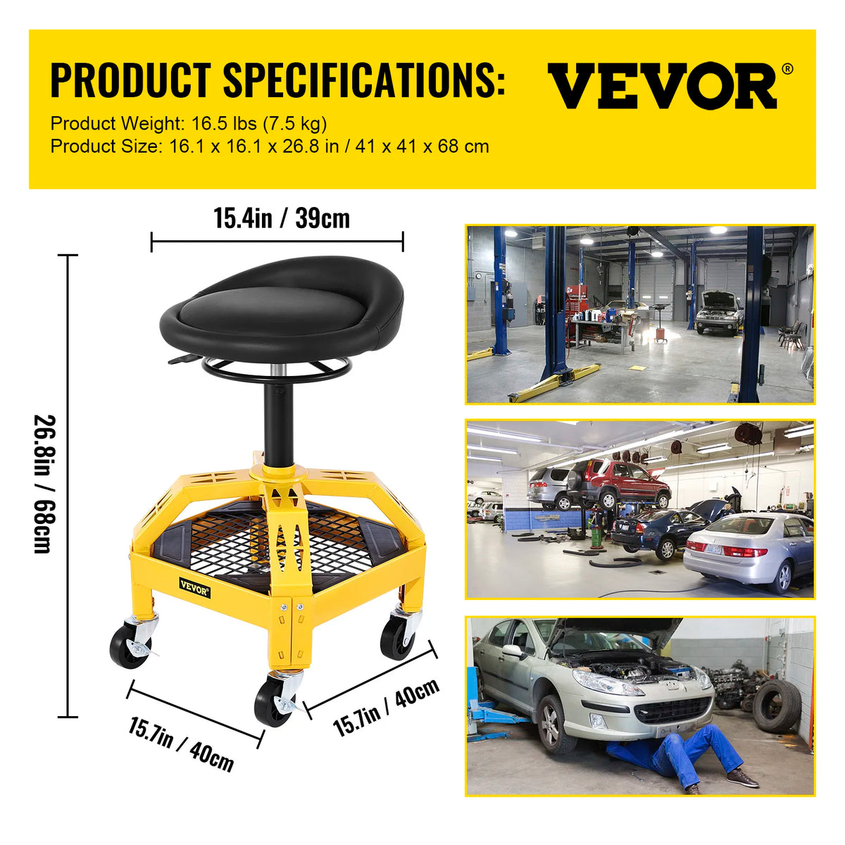 SucceBuy Adjustable Rolling Garage Stool With Tool Tray And Casters