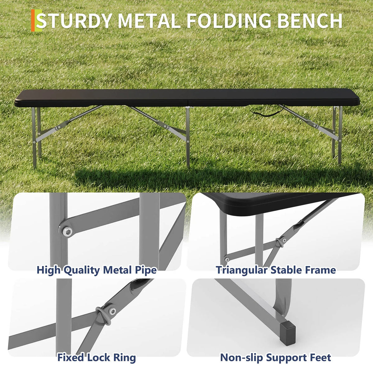 1Pc/2Pcs Heavy-Duty 6FT Portable Folding Outdoor Bench – Durable HDPE Top, Steel Frame, Lightweight with Carry Handle – Weather Resistant, Collapsible Seating Long Bench for Picnic, Camping, Patio, Garden, Sports Events