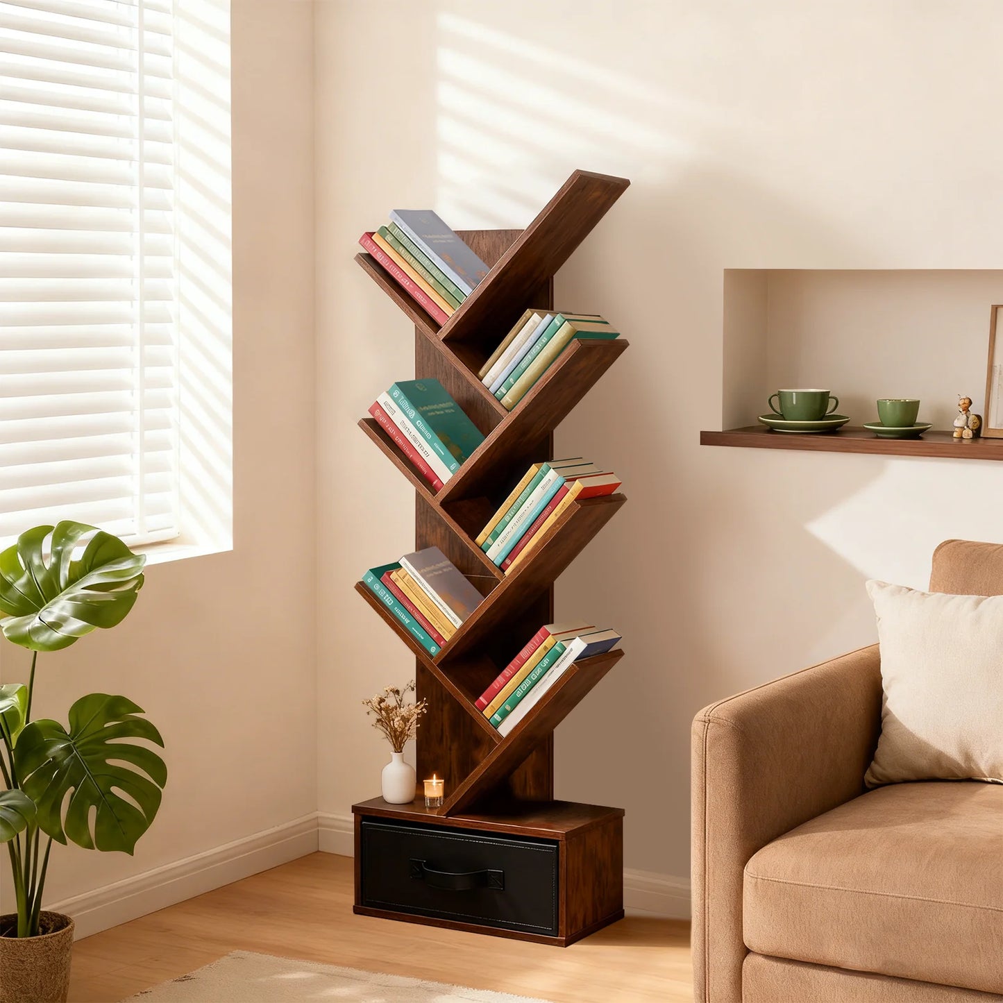 JHK Geometric Wooden Bookshelf With Seven Tier Storage Drawer