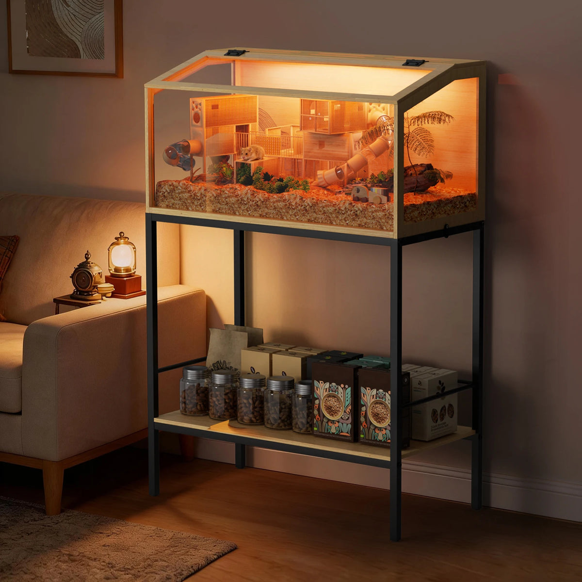 Wooden Pet Hamster Cage With Tempered Glass And Led Light