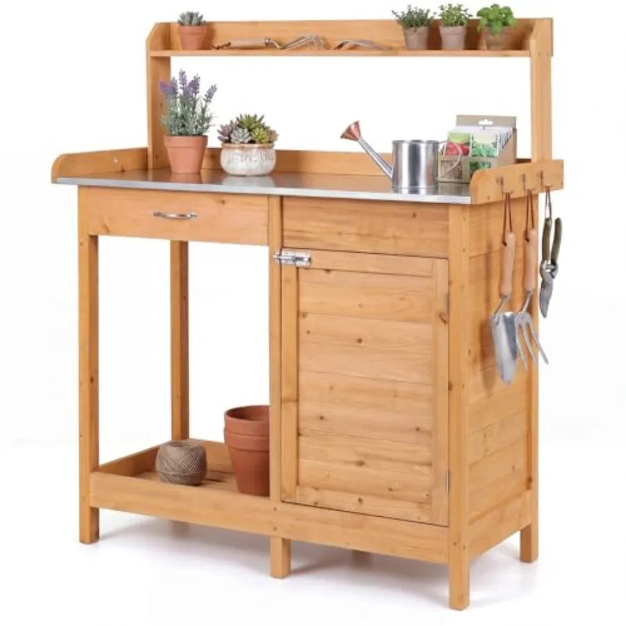 Potting Bench Table with Storage Cabinet Drawer Yellow Plant Workstation with Shelves 3 Hooks, Solid Fir Wood for Indoor Outdoo